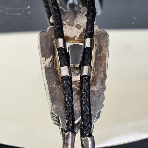 Navajo Turquoise And Coral Sterling Silver Bolo Tie Signed. USA Native American - Picture 7 of 15